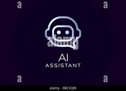 AI assistant logo with robot face in speech bubble shape, glowing futuristic lines. Ideal for chatbots, digital helpers, smart support tools, tech Stock Vector