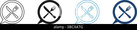 Fork And Knife Line and Silhouette Icon Set Inside Speech Bubble, Dining And Meal Discussions Concept. Conversations About Culinary And Nutrition Stock Vector