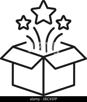 Open Box With Stars Line Icon. Surprise, Creativity, And Innovation Outline Symbol. Unboxing Experience And Excitement. Editable Stroke. Isolated Stock Vector