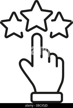 Hand Selecting Star Rating Line Icon. Customer Feedback, Review, And Satisfaction Evaluation Outline Symbol. Quality Assessment And User Experience Stock Vector