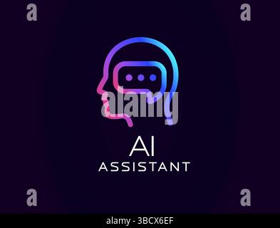 AI assistant logo with human head silhouette and chat bubble inside, symbolizing communication and intelligence. Great for virtual agents, tech tools Stock Vector