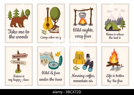 Set of illustrated camping posters with quotes, featuring essential camping items like a map, tent, fireplace, guitar, bear, and mountains. Flat carto Stock Vector