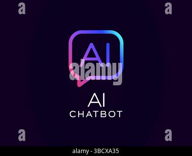 AI chatbot logo with speech bubble icon, futuristic digital assistant concept. Tech startup branding, app interface design. Flat minimal neon vector Stock Vector