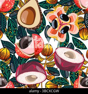 Exotic fruits and plants seamless botanical patterns vector illustration Stock Vector
