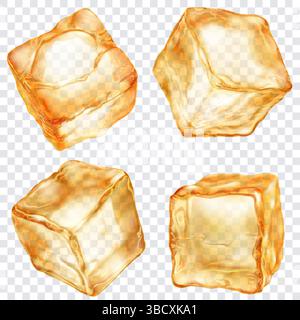 Set of four realistic translucent ice cubes in yellow colors, isolated on a transparent background. Transparency only in vector format. Stock Vector