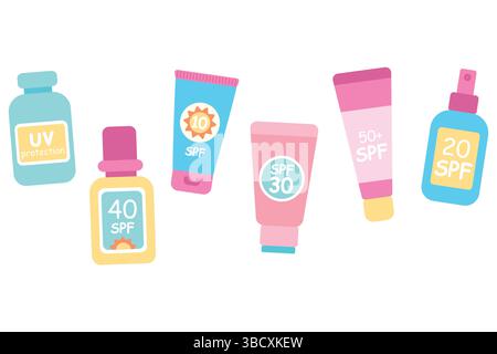 A set of bottles and tubes of sunscreen. Sunscreen and sun safety. Collection of sunscreen creams, lotions, sprays. Hand drawn illustration Stock Vector
