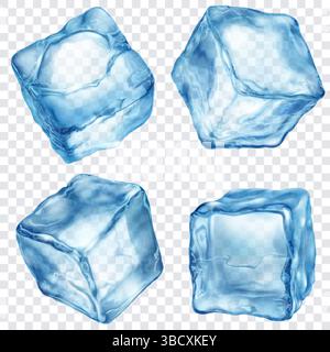 Set of four realistic translucent ice cubes in blue colors, isolated on a transparent background. Transparency only in vector format. Stock Vector