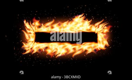 Burning rectangular fire frame with glowing flames and sparks on black background. Ideal for dramatic banners, warning signs, energetic promo visuals Stock Vector
