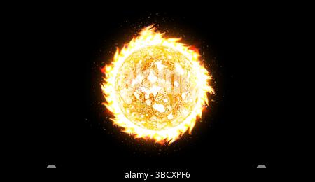 Burning fireball or solar sphere with intense flames and glowing energy on black background for scifi covers, cosmic designs, warming infographic. Hot Stock Vector