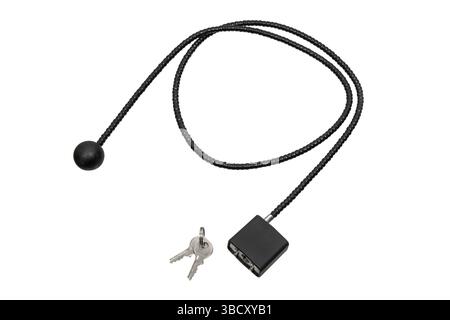 Gun lock cable with keys on white background. Stock Photo