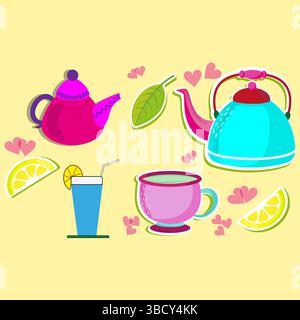 Cartoon tea set. Colorful drink stickers. Lemon and cup icons. Playful tea composition. Stock Vector