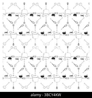 Kitchen objects pattern. Cooking pot elements. Soup bowl repetition. Monochrome seamless background. Stock Vector
