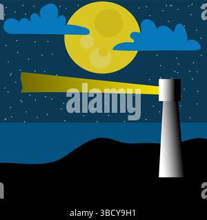 Lighthouse night scene. Yellow moon glow. Blue sea horizon. Vector beacon symbol. Stock Vector