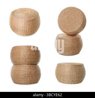 Straw poufs isolated on white, collage. Interior element Stock Photo