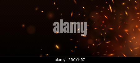 Fire flames ember sparkles. Campfire, fireplace flying sparks, burning red flame. Realistic 3d vector background with glowing firestorm or bonfire red and orange flame particles fly up in air. Stock Vector
