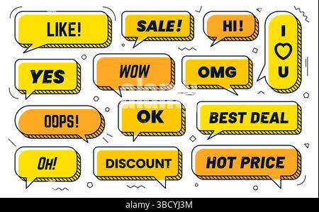 Memphis speech bubbles vector set. Dialog chat clouds, comic promo shapes in yellow and orange with phrases like wow, discount, like, best deal and hot price, ok, yes, omg for shopping or marketing Stock Vector