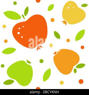 Colorful apples with leaves and dots seamless pattern in red, orange, green, yellow colors Stock Vector