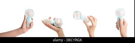 Set of hands with small portable electric fans on white background Stock Photo