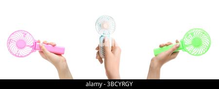 Set of hands with small portable electric fans on white background Stock Photo