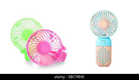 Set of small portable electric fans on white background Stock Photo