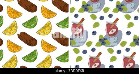 Colorful Citrus Slices and Mulled wine in glass mug with Blueberry Cinnamon stick Seamless Patterns. Set Isolated Vector illustration Autumn Greeting Background Wrapping paper or promo banner, leaflet Stock Vector