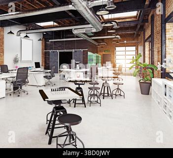 Spacious office with multiple workstations and lighting. 3D rendering. Stock Photo