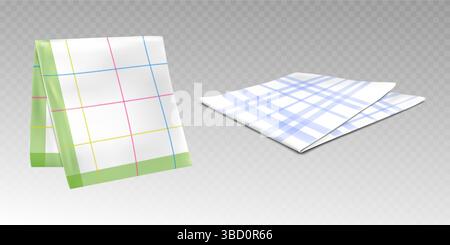 Set of checkered kitchen towels, cloth napkins with colour check pattern. Folded square textile dishcloths with crossing color lines, tea towels mockup isolated on white background. Stock Vector