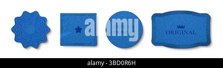 Premium blue denim fabric patches collection - classic jeans material labels of various shapes. Textured cotton cloth badges with stripe pattern. Realistic vector set for fashion design branding. Stock Vector