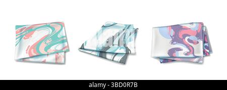 Set of colorful marbled kitchen towels, cloth napkins with liquid flow pattern. Pastel swirls and abstract waves on textile. Folded square dishcloths, tea towels mockup isolated on white background. Stock Vector