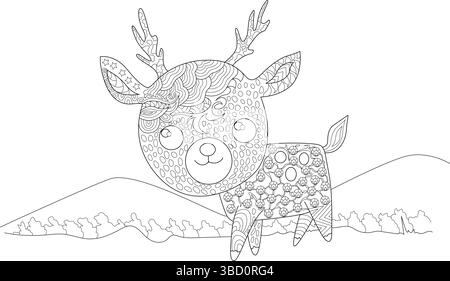 Adorable stylized chibi deer character featuring intricate zentangle patterns. This detailed black and white line art illustration is perfect for colo Stock Vector