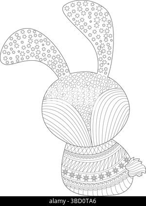 Simple black and white outline illustration of a cute chibi bunny character filled with various decorative patterns, perfect for a coloring book or de Stock Vector