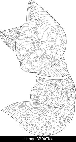 Detailed black and white line art illustration of a stylized animal, perfect as a coloring page for adults or children, featuring intricate patterns i Stock Vector
