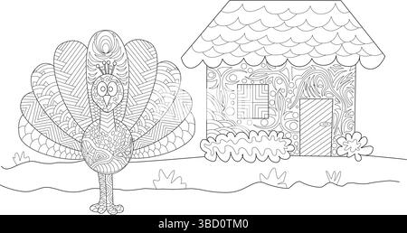 Black and white line art illustration of a stylized peacock with intricate patterns standing in front of a small decorative house. Suitable as a color Stock Vector