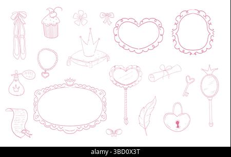 Princess set cute hand drawn sketch. Girl magic fairy mirror, pageant, crown, fairytale fantasy. Royal accessory. Letter and key. Vector illustration Stock Vector
