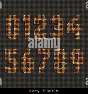 A vibrant set of mosaic pixel-style numbers from 0 to 9 in orange tones, displayed on a dark grid background. Ideal for digital design, gaming Stock Vector