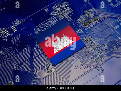 Flag of Cambodia on CPU operating chipset computer electronic circuit board Stock Photo