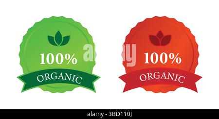 Two Organic Badges – 100% Organic Labels in Bright Green and Red Ribbon Design Stock Vector