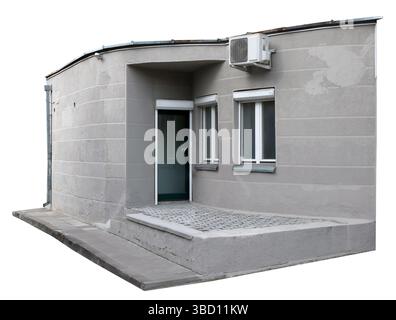 Glass door to a small office in the corner of an old building. Isolated on white Stock Photo