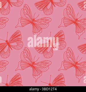 Seamless Pattern Featuring Red Butterflies on a Pink Background Stock Vector