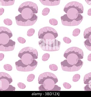 Seamless Pattern of Pink Pearls Inside Colorful Opened Oysters Stock Vector