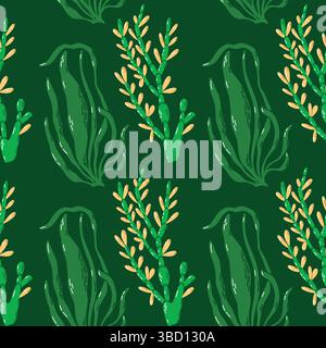 Seamless Pattern Featuring Hand-Drawn Sea plants on Green Background Stock Vector