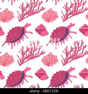 Seamless Pattern of Vibrant Pink Seashells, Corals, and Marine-Themed Illustration.  Stock Vector