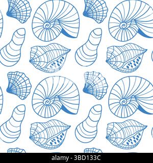 Seamless Blue Shell Pattern with Nautical and Marine Design Inspiration Stock Vector