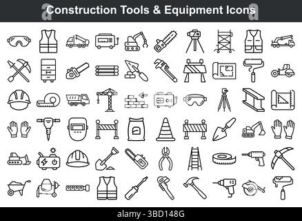 Comprehensive Construction Tools and Equipment Line Icons Stock Vector