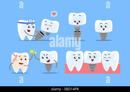Dental implant procedure . Teeth cartoon characters . Dentist and artificial tooth . Isolated on blue background . Vector . Stock Vector
