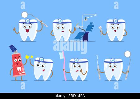 Dentist and dental equipments . Teeth cartoon characters . Isolated on blue background . Vector . Stock Vector
