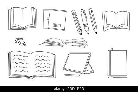 A set of outline stationery objects illustrations. Books, copy books, pens, pencils, paper clips, a tablet. School objects.School Supplies. editable s Stock Vector