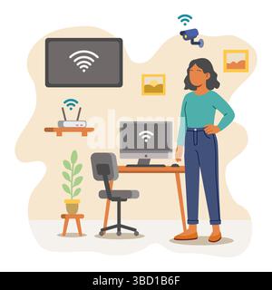 Vector illustration of a woman surrounded by WiFi-enabled devices in a smart home workspace. Stock Vector