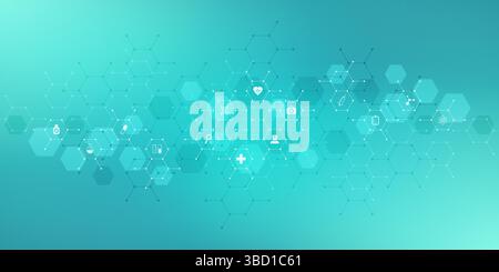 Medical background and healthcare technology with flat icons and symbols. Concept and idea for health care business, innovation medicine, health Stock Vector