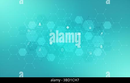 Medical background and healthcare technology with flat icons and symbols. Concept and idea for health care business, innovation medicine, health Stock Vector